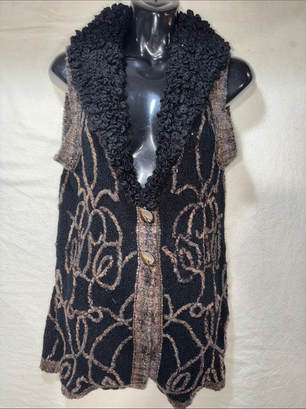 Curio New York Black Gold Embroidered Boucle Faux Fur Collar Sweater Vest Size M